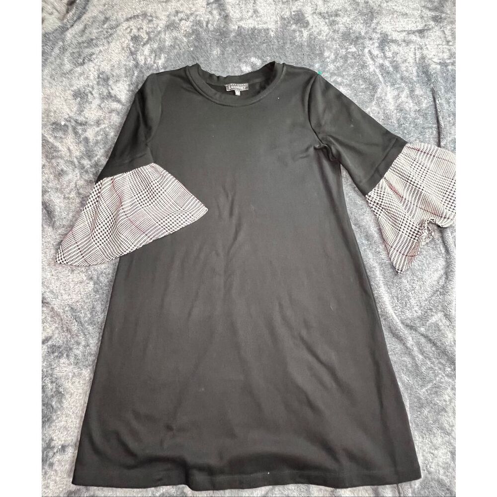 Luxology Black A-Line Dress Bell Sleeve Plaid Contrast Casual Size M